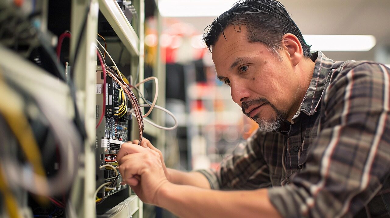 ai generated, technician, it, computer, hardware, technology, workshop, systems, focus, expertise, tech, electronics, repair, maintenance, work, equipment, professional, engineer, cables, wires, setup, network, server, diagnostics, development, it support